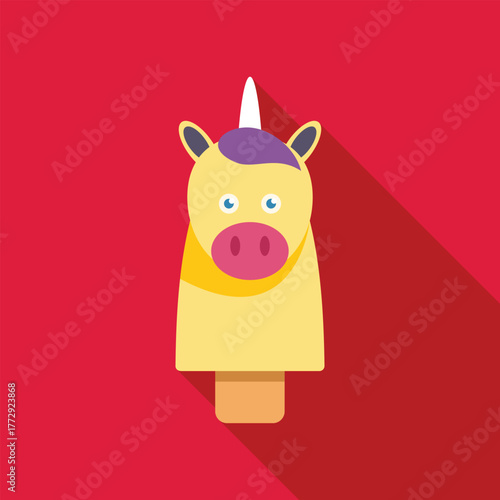 Unicorn shaped ice cream popsicle with yellow body, purple hair and a white horn on a red background