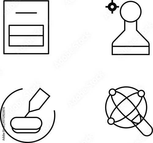 “Business and Technology Line Icon Set – Document, Stamp, Creative Design, and Global Network Vector Illustration”