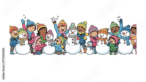 Winter Wonderland: A heartwarming illustration of children joyfully building snowmen, capturing the essence of a playful winter's day, filled with laughter and the magic of the season.