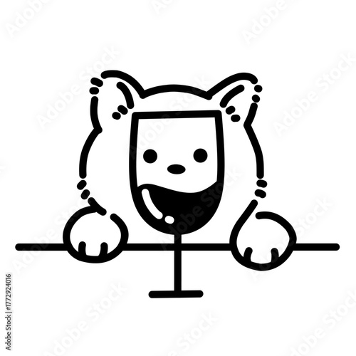 Cute minimalist line art of a cat peeking over a wine glass, funny pet and drink concept, black and white vector illustration.
