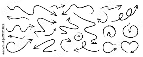 Crayon Arrow Squiggle Vector Icon Set. Chalk Scribble Pointer Shape Collection. Rough Hand Drawn Brush Texture Rustic Swirl Mark. Pencil Emphasis Elements Charcoal Doodle Curved Paint Symbols Bundle