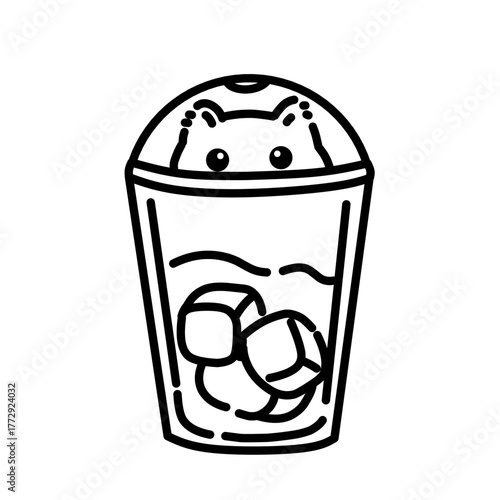 Cute cat sitting inside a cold drink cup with ice cubes, minimalist black and white vector illustration, funny and cozy cafe-themed artwork.