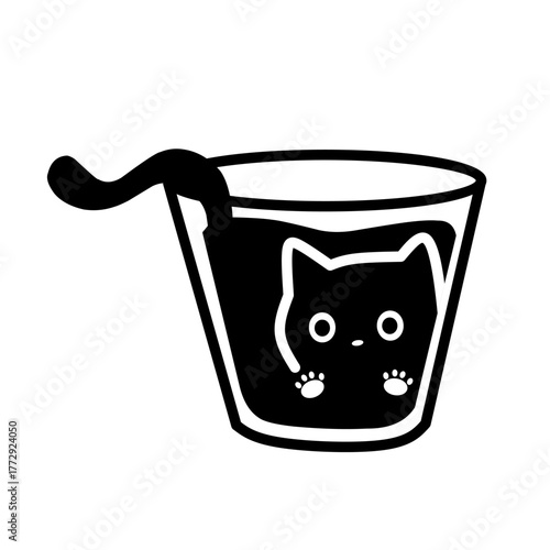 Adorable black cat sitting inside a glass cup, minimalist and cute vector illustration in black and white style.