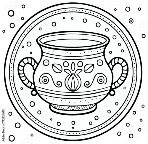 Ornamental hand-drawn illustration of a ceramic vase with patterns inside of a circle