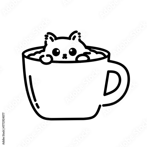 Cute cat sitting in a coffee cup, minimalist black and white vector illustration, cozy cafe and pet concept art.