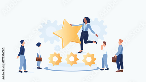 Successful businesswoman holding a golden star above her head while colleagues watch in admiration and support