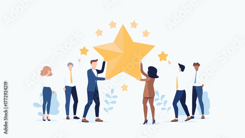 Diverse team of people working together to lift a large golden star symbolizing achievement and success