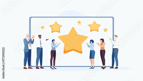 Diverse group of business people enthusiastically applauding a large golden star displayed on a screen celebrating achievement and success