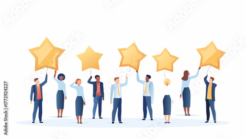 Diverse group of professionals holding large golden stars to represent a high rating or excellent customer feedback and service satisfaction