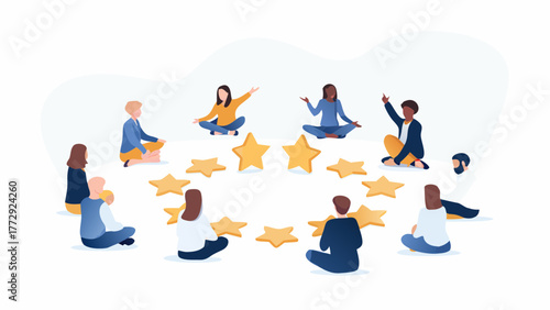 Diverse group of people sitting in a circle surrounded by golden stars representing feedback and evaluation