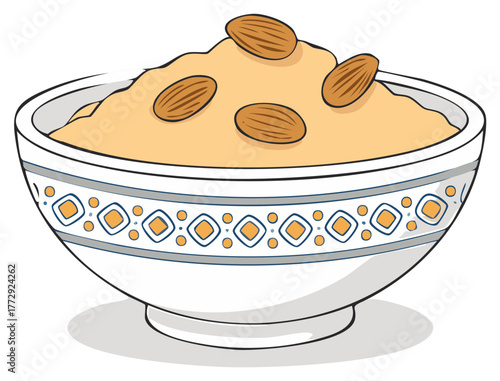 Creamy sweet dish or healthy breakfast porridge topped with whole almonds in a decorative bowl