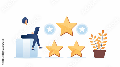 Customer satisfaction and feedback concept with a person using a laptop and rating stars displayed with a potted plant