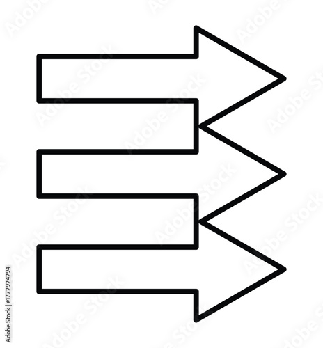 Three horizontal arrows aligned vertically pointing to the right in a simple black outline design