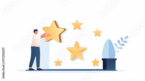 Man placing a golden star on a wall surrounded by other stars representing achievement and success
