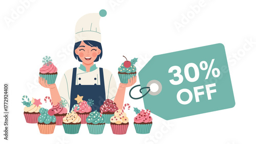 Sweet Deal: A cheerful baker proudly presents an array of delicious cupcakes adorned with festive toppings, accompanied by a tempting 30% discount offer, ideal for marketing and promotions.