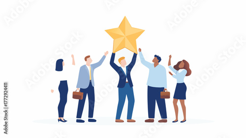 Diverse group of business people celebrating together holding up a large golden star symbolizing achievement and success