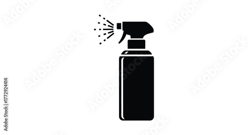A black silhouette of a spray bottle dispensing liquid in a fine mist against a white background silhouette