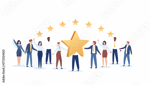Diverse group of business people celebrating together holding a large golden star and surrounded by smaller stars representing success and achievement