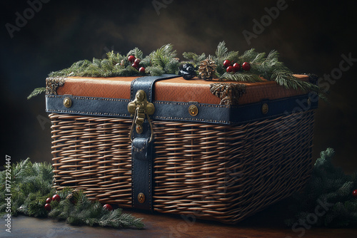 Christmas Wicker Gift Basket hamper with pine leaves and berries on top dark background