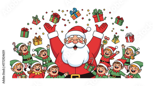 Holiday Cheer with Jolly Santa and Elves: Santa Claus, radiating pure joy, surrounded by a chorus of gleeful elves, with vibrant gift boxes dancing in the air.