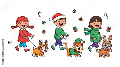 Holiday Joy and Canine Companions: Animated children are filled with delight as they lead their adorable pets on a festive outing.