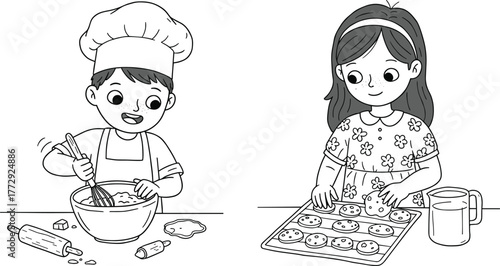 Children baking cookies together, black and white illustration, mixing ingredients, placing cookies, kitchen teamwork, cartoon kids, joyful cooking moment