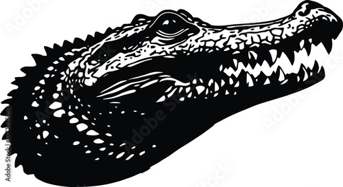 Stylized Black and White Illustration of an Alligator Head with Open Mouth, Sharp Teeth, and Detailed Scales Emphasizing Power and Minimalist Design