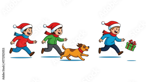 Holiday Run: Playful children, adorned in festive attire and accompanied by a cheerful canine companion, dash with glee. A vibrant Christmas gift adds to the excitement