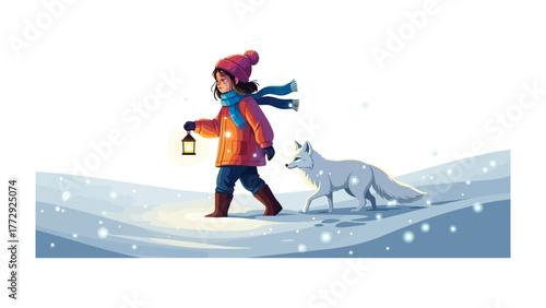 Winter Wanderer: A charming illustration depicts a young girl and a friendly arctic fox journeying through a snowy landscape, the girl carrying a lantern to light their way.