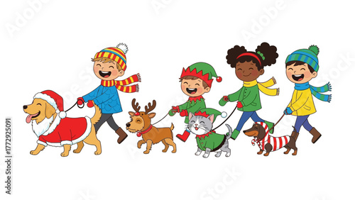 Joyful Kids Walking Dogs in Winter: A cheerful illustration captures four kids joyfully walking their adorable dogs in a winter setting. The scene evokes a sense of festive cheer and friendship.