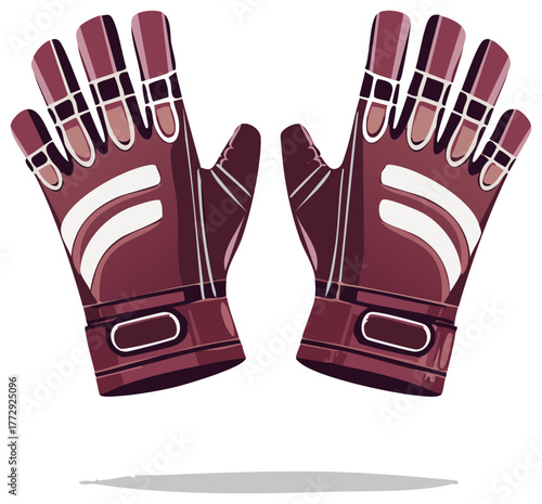 Pair of maroon goalkeeper gloves with white stripes and fingers protection gear isolated