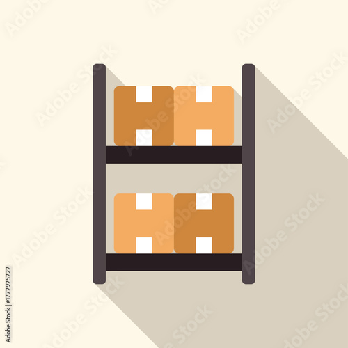 Cardboard boxes with shipping labels are neatly arranged on warehouse shelves, ready for dispatch and delivery