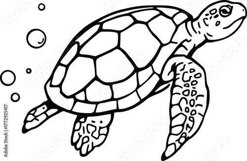 Black and white vector illustration of sea turtle swimming underwater with detailed shell flippers and bubbles in motion