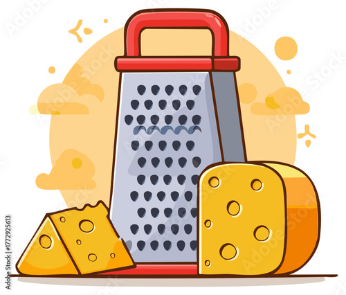 Cartoon illustration of a metal cheese grater with two blocks of yellow cheese for cooking