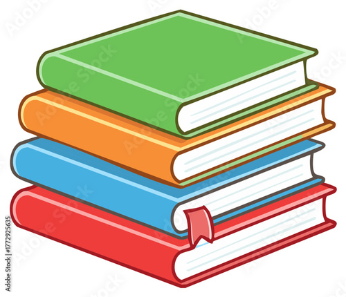 Stack of four colorful cartoon books, education and reading illustration, school supplies and textbooks