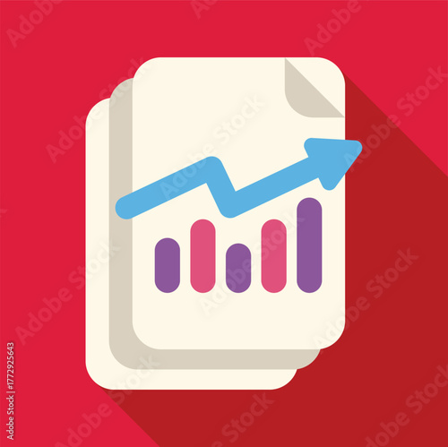 Statistical documents with bar chart and rising arrow, representing business growth and success