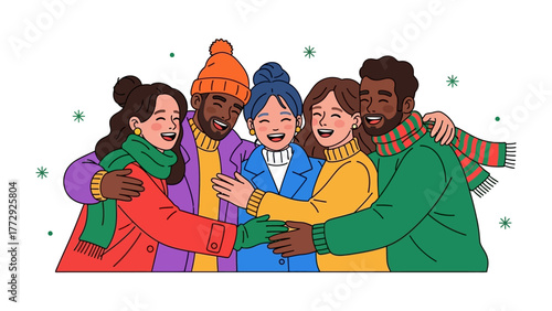 Fotografija Joyful Embrace: A diverse group of friends huddles together, their faces alight with laughter and warmth, embodying the spirit of togetherness and companionship