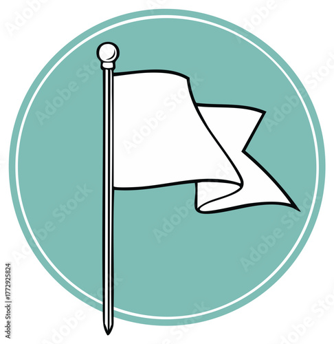 Simple line art white flag icon on a pole waving within a teal circular button graphic illustration