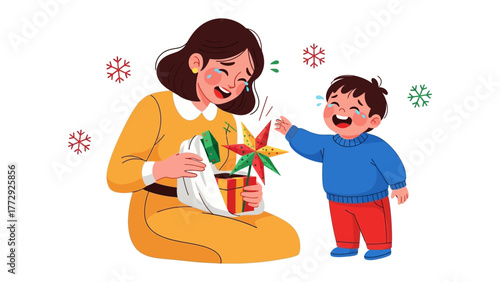 Moments of Joy: A Mother and Child exchanging presents, celebrating with a heartwarming exchange. The child's innocent happiness and the mother's loving gaze capture the essence of familial bliss.