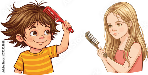 Children combing hair illustration, grooming routine, cartoon kids, hair care gesture, hygiene education, colorful vector art, morning activity, self-care
