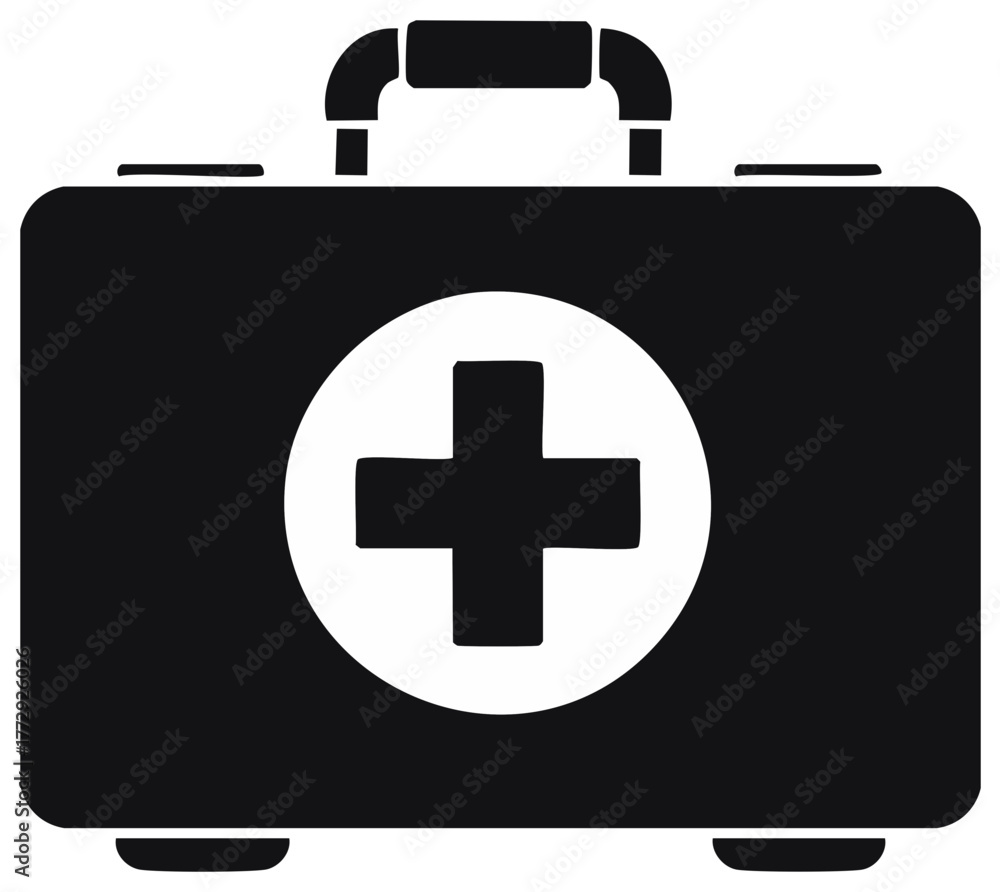 Obraz premium Black and white first aid kit illustration with handle and circular medical cross on front