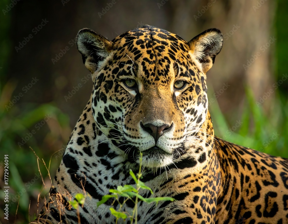 Obraz premium Close-up of a majestic spotted big cat in its natural environment, gazing directly at the viewer