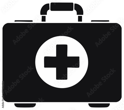 Black and white first aid kit illustration with handle and circular medical cross on front