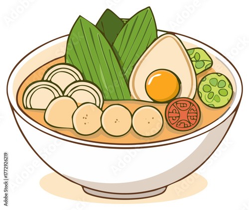 Delicious bowl of noodle soup with an egg, meat balls, vegetables, and green leafs, a traditional asian food