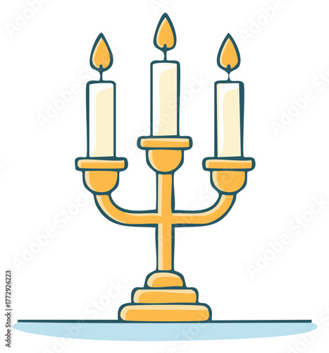 Antique golden candelabra with three lit candles, simple cartoon illustration