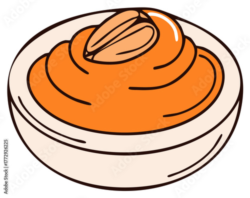 Creamy peanut butter in a bowl with a single peanut on top, providing a food item illustration.