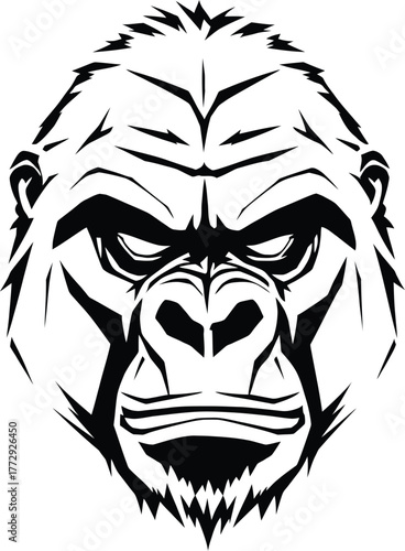 Black and white vector illustration of fierce gorilla face with sharp lines and intense expression in bold graphic style