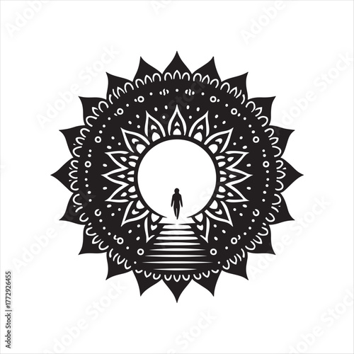 Mandala emerging from a central light vector silhouette sketch art logo illustration: