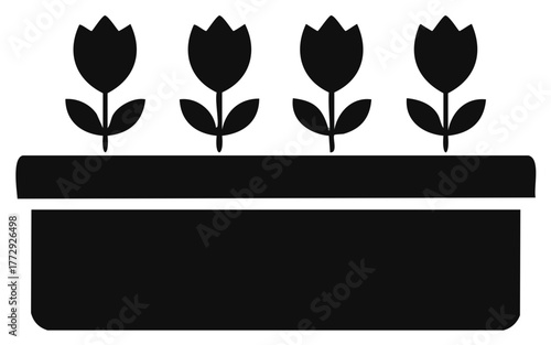 Simple black icon of four tulips growing in a rectangular planter box