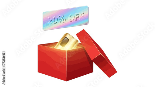 Special Offer of the Golden Gift: An open gift box reveals a golden treasure, accompanied by a 20% off discount. The imagery conveys a sense of anticipation and the allure of a special offer.